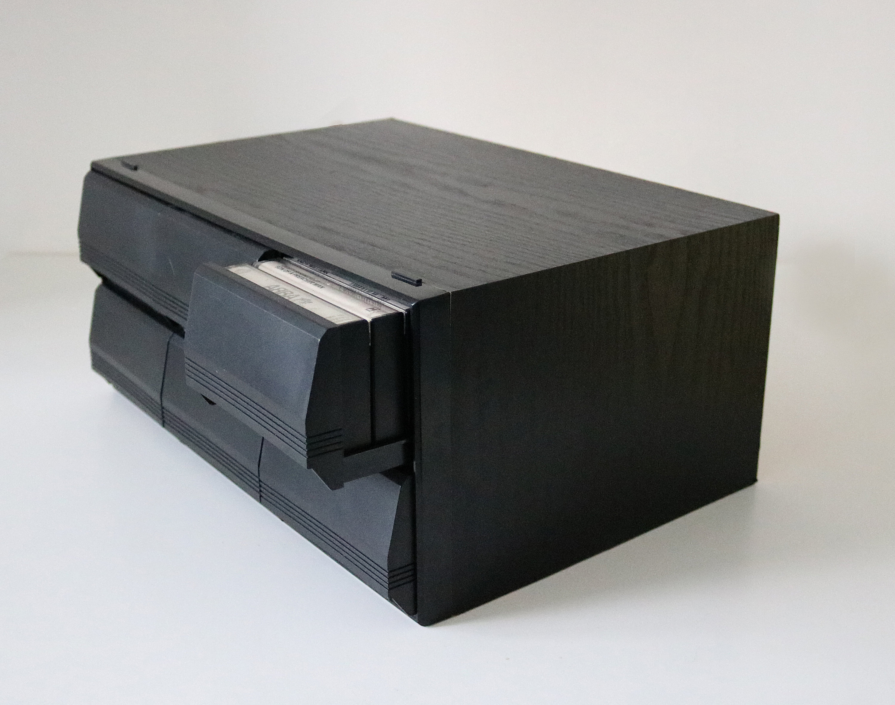 1980s black ash 6 drawer cassette tape storage unit