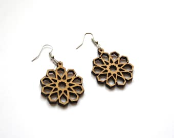 Wooden earrings, geometric flower earing, bohemian jewelry, hippie jewel, natural wood jewellery, oriental islamic art style, made in France