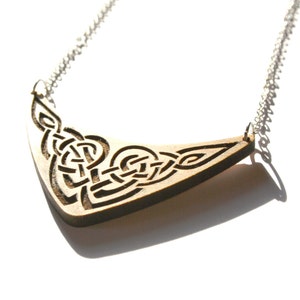Wooden torc necklace with engraved Celtic knotwork, medieval inspiration