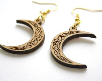 Celtic earrings, new moon, interlace earring, natural wood, scandinavian medieval art viking inspiration jewel, ornamental knotwork jewelry