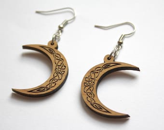 Wood celtic earrings, new moon, interlace earring, scandinavian medieval art inspiration jewel, ornamental knotwork jewelry, made in France