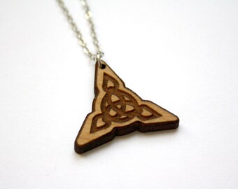 Celtic triangle wooden pendant necklace, Celtic, interlacing, unisex men's and women's jewelry, tribal style, knot, handcrafted in France