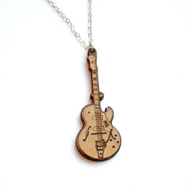 Collier pendentif guitare bois, homme ou femme unisexe, instrument de musique, musical, bohème, design création fabrication France, Bretagne