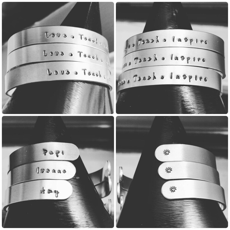 Personalized Hand Stamped Bracelet Adjustable Aluminum Bangle Silver Cuff Monogrammable Customizable Name ID Cuff image 6