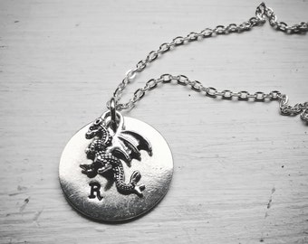 Silver Dragon on Pewter with Initial Necklace * Mother of Dragons * Year of the Dragon * Girl with the Dragon Pendant * Keychain Option