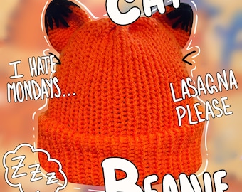 Gorro de lana con el gato naranja que odia los lunes / Gorro de punto / Gorro de ganchillo / Gorros divertidos / Lindo / Regalos