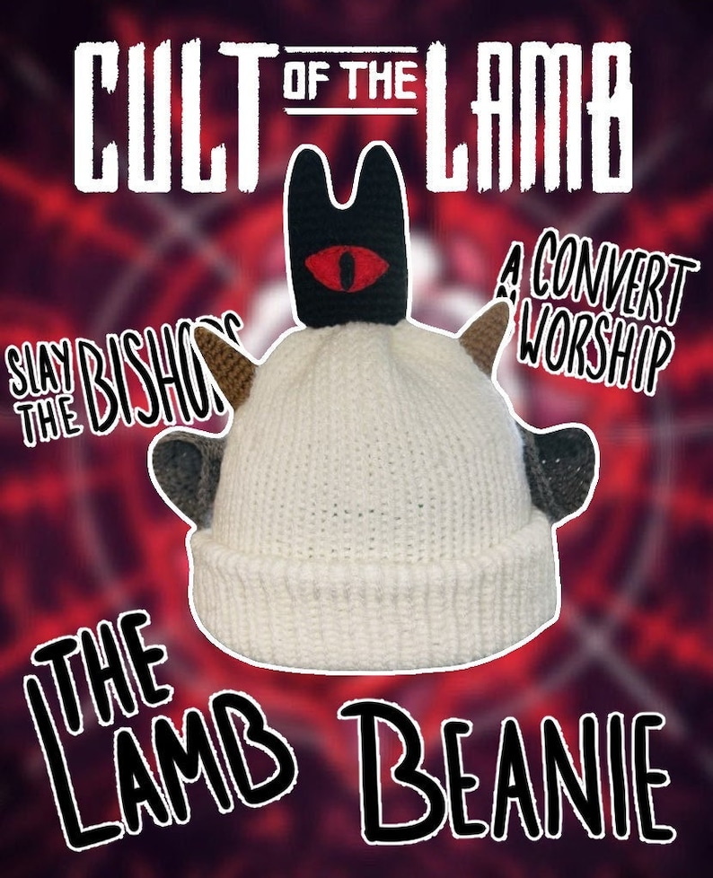 Puede incluir: Gorro de punto blanco con detalles negros y marrones, con un tocado negro con un ojo rojo. Se muestra el texto "CULT OF THE LAMB" y "THE LAMB BEANIE". El texto adicional dice "SLAY THE BISHOPS" y "A CONVERT WORSHIP".