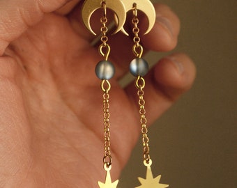 CARINA* Celestial moon and star dangling earrings with opalised glass beads