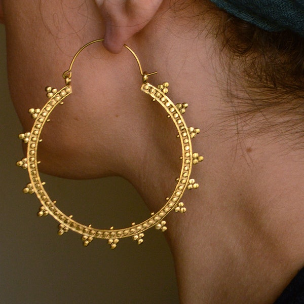 METIS* Extra large 70 mm hoop earrings. Brass funky hoops, oversized golden ethnic jewellery