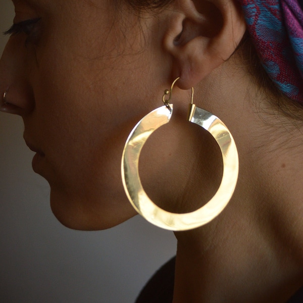 ARIA* Oversized statement flat golden hoops. Gypsy gold brass earrings. Hip, boho, large jewellery.