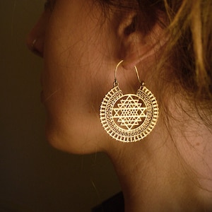 SHRI YANTRA* Small chakra hoop earrings. Golden brass, sacred geometry, festival jewellery
