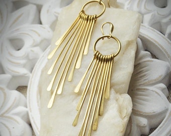 ORION* Extra long fringe dangling golden earrings. Brass statement boho earrings.