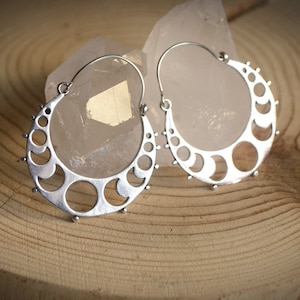 ARUNA* Lunar cycle hoops. Silver brass earrings. Esoteric, celestial, pagan, witchy, moon jewellery