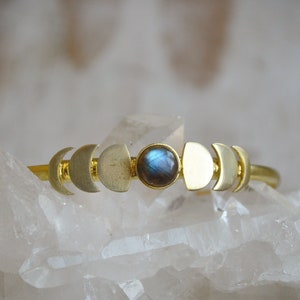 MONA* Lunar cycle brass adjustable bracelet. Celestial moon design with moonstone, labradorite or rose quartz