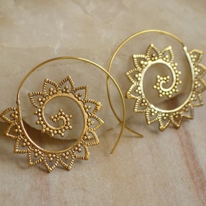 KALA* Golden brass spiral hoop earrings. Fractal, psywear, festival jewellery