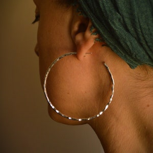 REAH* Rustic 60 mm oversized tribal silver hoops, hammered effect. Silver brass earrings