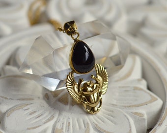 KHEPRI* Scarab and drop gemstone snake chain necklace. Delicate, bohemian, pretty jewellery