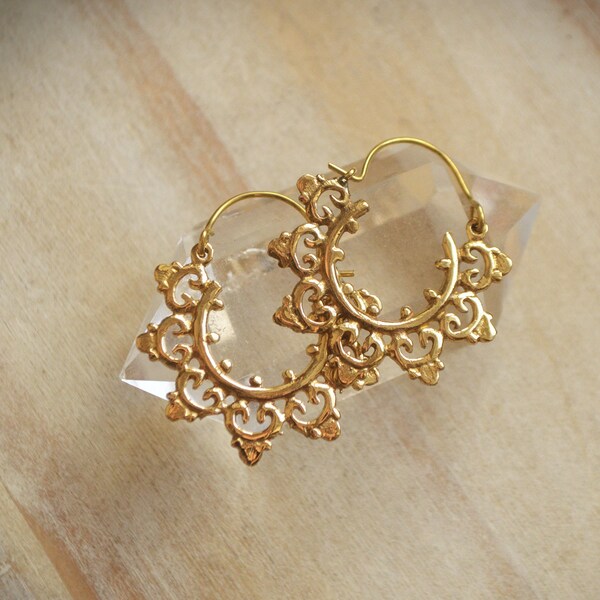 MIRI* Tiny ornate mandala hoops. Golden brass earrings. Tribal jewellery