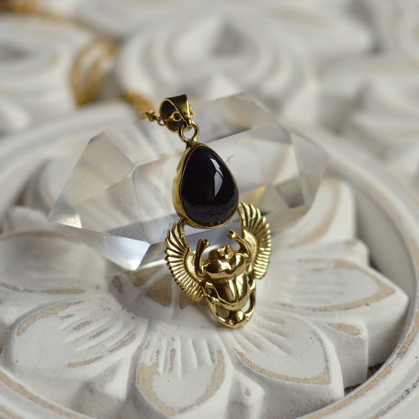KHEPRI* Scarab and drop gemstone snake chain necklace. Delicate, bohemian, pretty jewellery