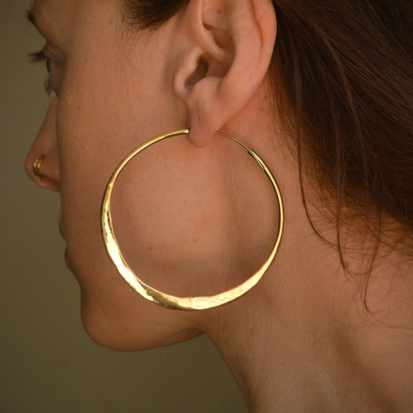 AUREA* Rustic oversized tribal golden hoops with hammered effect . Gold brass earrings. Modern, minimal, hip jewellery