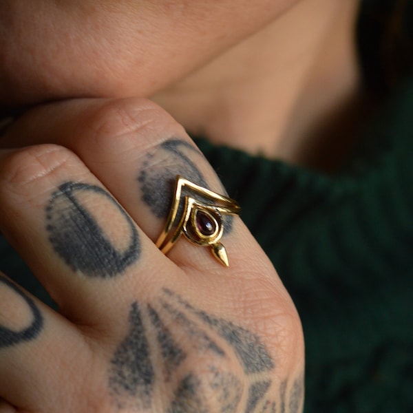 FREYA*  Adjustable ring with stone.  Geometric tribal golden ring