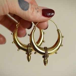 PLEIADES Traditional indian design hoop gold brass earrings. Tribal, belly dance, festival, psytrance style jewellery image 1