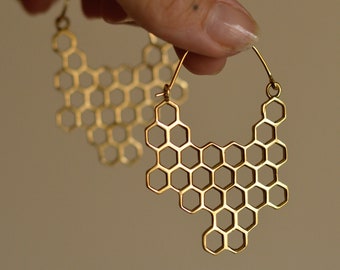 MELISSA* Large beehive hexagon pattern hoop earrings. Gold brass hoops, nature inspired