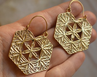 Detailed flower of life hexagon earrings. Sacred geometry golden brass jewellery