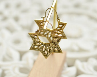 STAR* Geometric golden hoops. Hexagon solid brass earrings. Boho, celestial jewellery