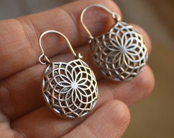 AVALON* 3D geometric small silver hoops. Dainty mandala ethnic jewellery