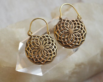 AVALON* 3D geometric small brass hoops. Dainty mandala ethnic jewellery