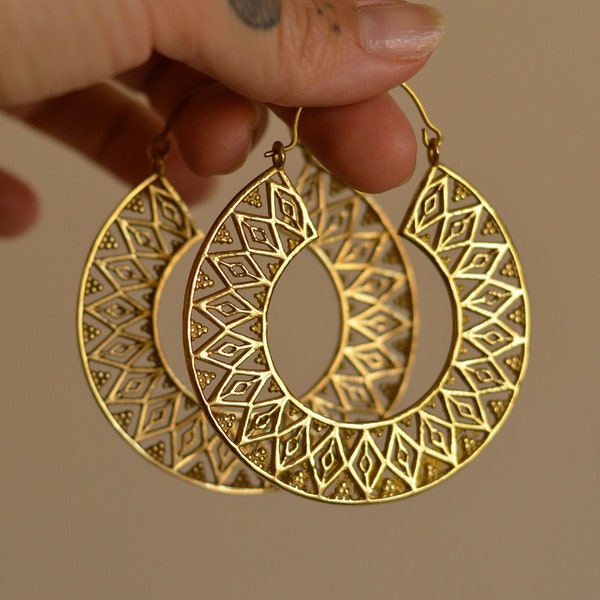 MAYA* Giant tribal hoop earrings. 70 mm extra large geometric oversized golden ethnic jewellery