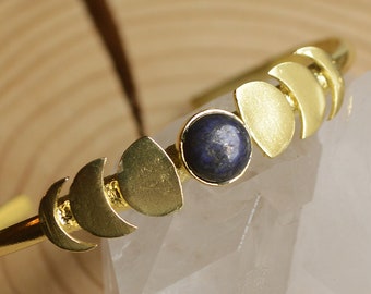 MONA* Lunar cycle brass adjustable bracelet. Celestial moon design with moonstone, labradorite or rose quartz stone