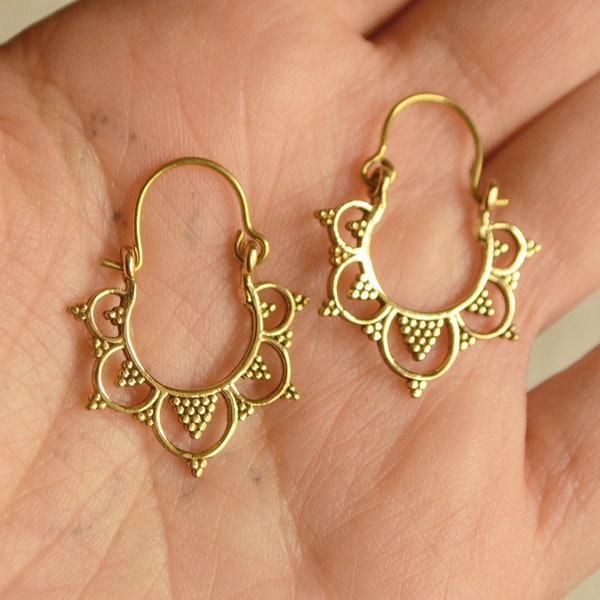 LAKSHMI* Tiny tribal gold hoop earrings. Ornate ethnic style brass jewellery. Hippie, boho, gypsy, cute, festival