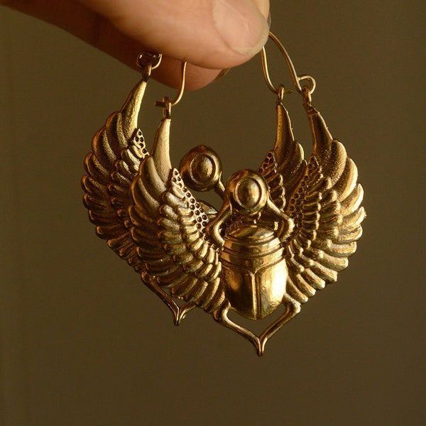 NEKHBET* Sacred scarab beetle large hoops. Egyptian inspired design. Gypsy tribal earrings