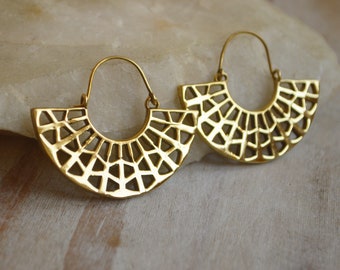 IRIS* Geometric fan shaped hoop earrings pair. Golden boho jewellery