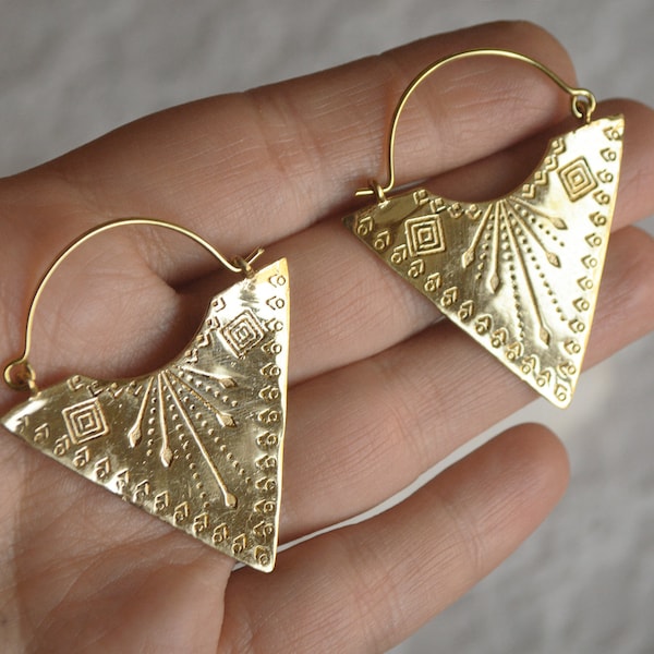 NIBIRU* Double sided triangle hoop earrings. Brass tribal stamped geometric jewellery