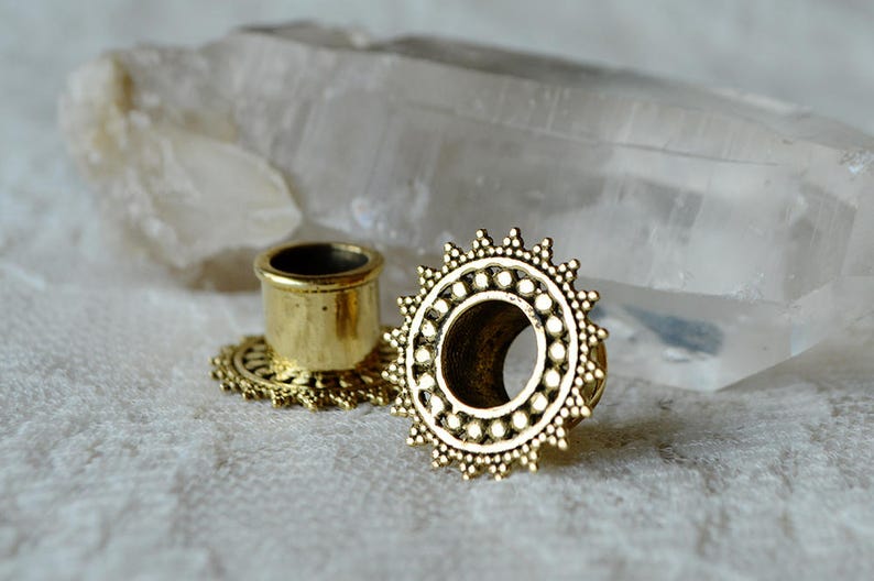 Dotted golden brass plugs Pick your size indian design festival Beautifully ornate mandala ear tunnel Tribal boho hippie psytrance