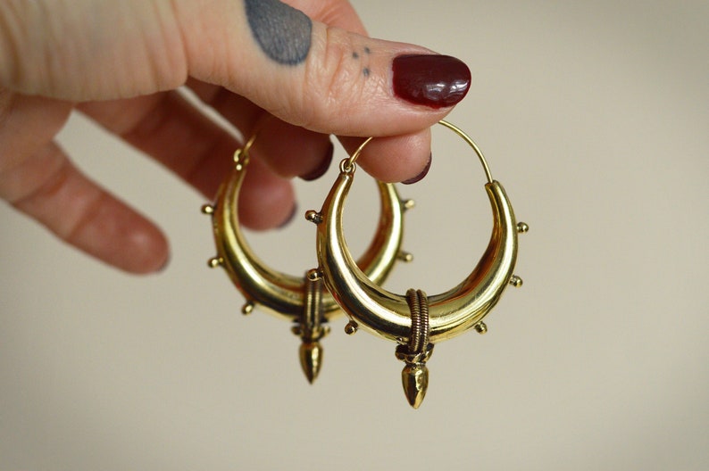 PLEIADES Traditional indian design hoop gold brass earrings. Tribal, belly dance, festival, psytrance style jewellery image 1