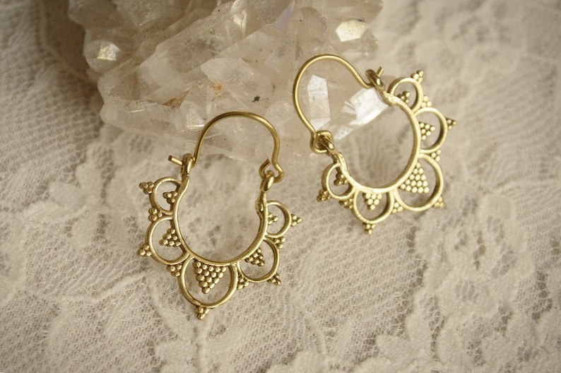 gypsy Hippie festival Cute tiny tribal gold hoop earrings boho cute Ornate ethnic style brass earrings
