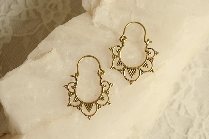 gypsy Hippie festival Cute tiny tribal gold hoop earrings boho cute Ornate ethnic style brass earrings
