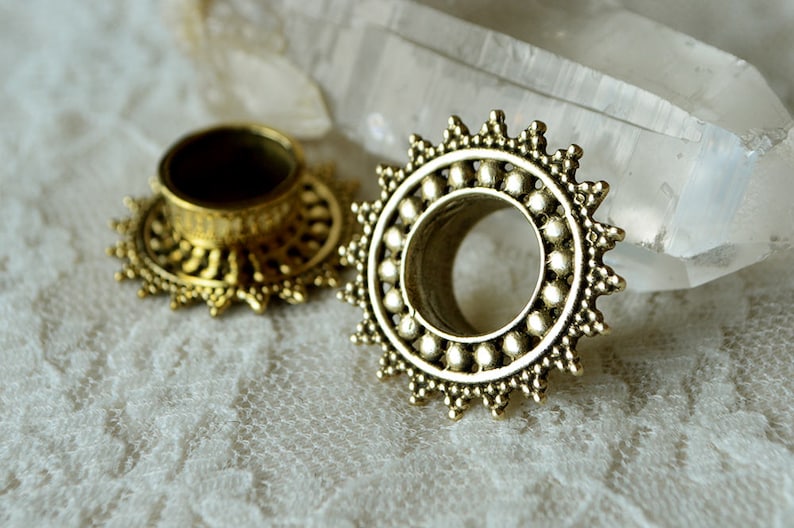 Dotted golden brass plugs Pick your size indian design festival Beautifully ornate mandala ear tunnel Tribal boho hippie psytrance