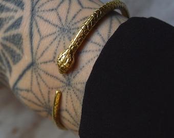 CORRA* Adjustable snake golden bangle. Witchy ouroboros boho modern brass jewellery.