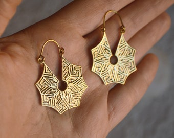 SAYAGATA* Goldene Kreis-Creolen mit Mandala-Muster. Massive Messingreifen, heilige Geometrie, Ethno, Festival, Psytrance