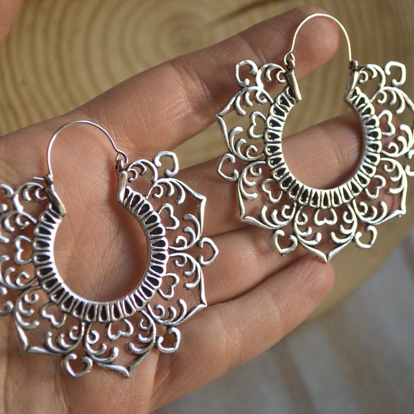 VAPURDA* Large silver ornate hoop earrings. Oversized floral hoops. Brass tribal indian jewellery