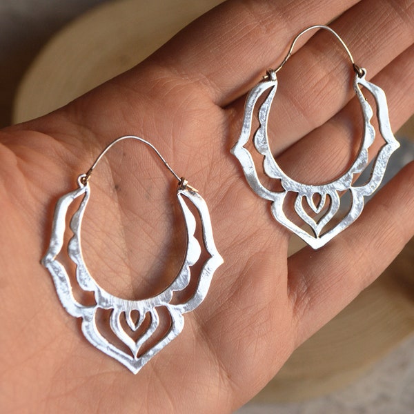 Silver lotus hoop earrings. Brass ethnic floral boho inspired new age jewellery