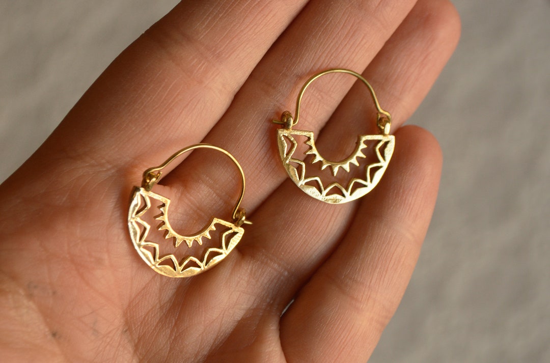 NAJA Half Circle Tiny 20 Mm Tribal Brass Hoop Earrings. Ornate Ethnic