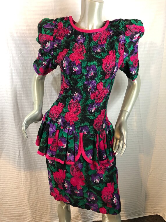 Vintage Act I New York Green/Pink Floral Midi Dres