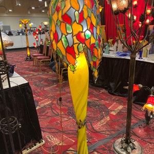 Handmade Blown Glass Floor Lamp With Stain Glass Top Shade 66”Tall