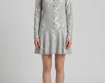 Theyskens’ Theory Geometric Print Drop Waist Mini Dress Gray Cotton Silk P